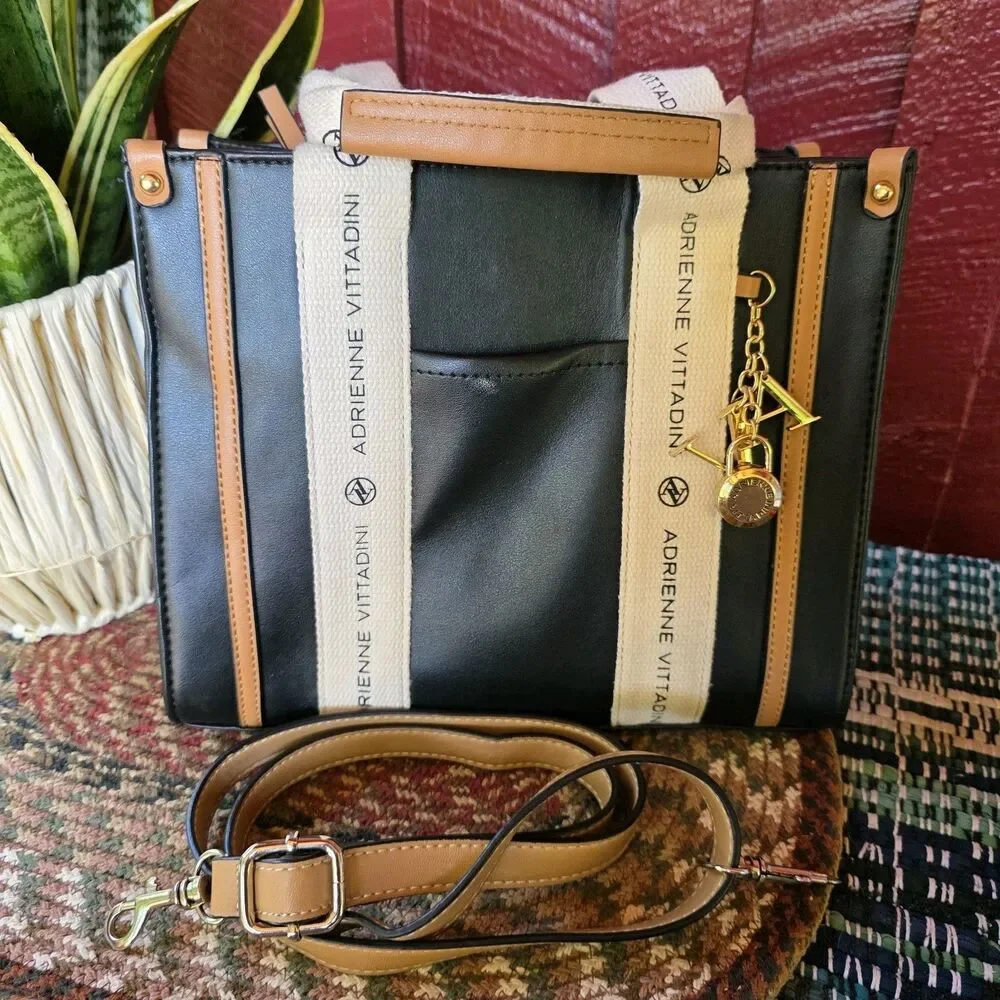 Adrienne Vittadini Black Tote Canvas Logo Straps w AV Charm Top Zip Closure EUC